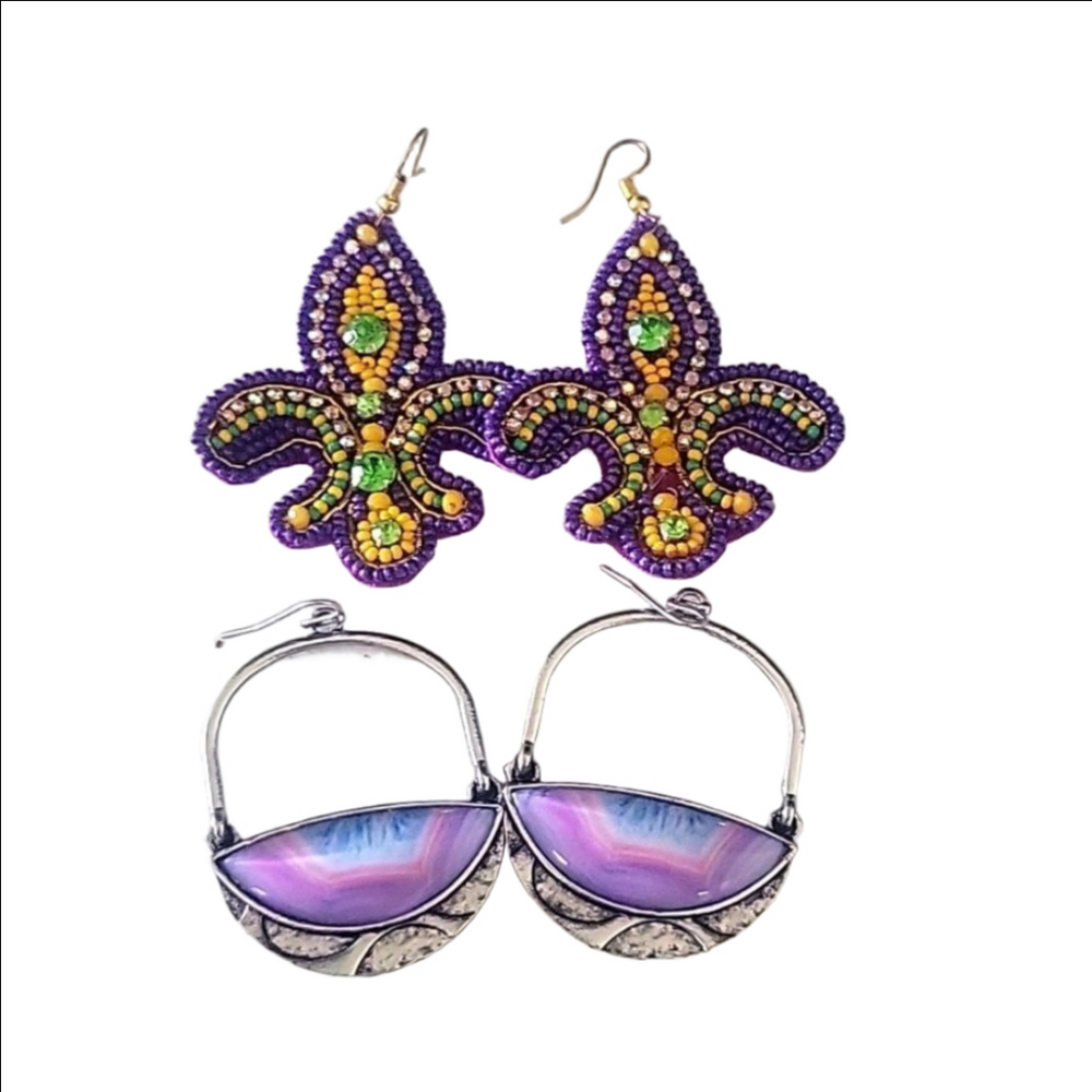 Mardi gras purple dangle earrings set of 2